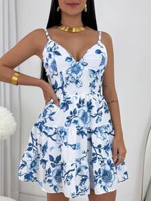Women's Short Dress With Adjustable Straps, Plain Floral Print, Delicate - Blue Print - View 2