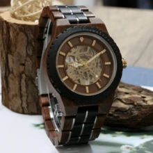 Herren Automatikuhren Luxus Holz Skelett Mechanische Uhr Mode Männer Uhr Holzuhr für Herren - Braun - Übersicht 4