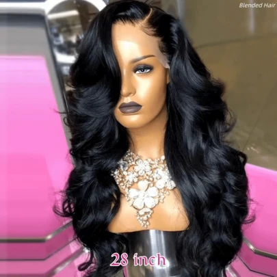 34英寸 200%密度 自然黑色 13x4蕾丝前假发 真人发混纺 波浪卷高清蕾丝前假发 真人发混纺 预先拔毛 带婴儿发 自然色 真人发混纺 蕾丝前假发 女士