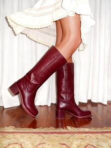 Knee High Boots Square Toe Chunky Block Heel Long Boots For Women Comfortable Low Heel Womens Boots - 酒紅色 - 查看 1