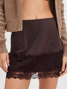 Women Satin Half Slips Low Rise Lace Trim Skirts Short Layered Underskirts Ruffle A Line Floral Lace Mini Skirts - màu nâu - Xem 1