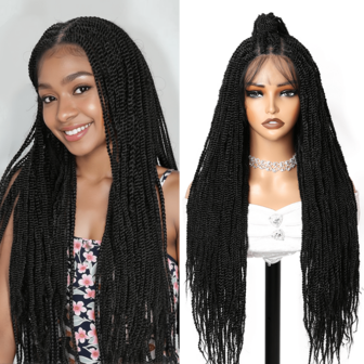 塞内加尔扭辫蕾丝前假发，微型盒式编织假发，全蕾丝前额，手工编织，无需胶水，卡尼卡隆合成高级编织假发，适合女性日常、派对或角色扮演使用