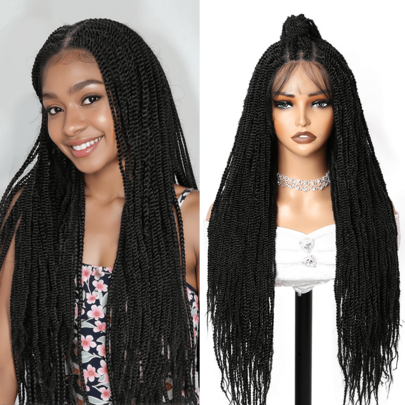 全蕾丝塞内加尔扭辫假发，扭辫微型盒式编织假发，全前额蕾丝，手工编织，无胶，卡纳卡奥莱合成顶级编织假发，适合女性日常、派对或角色扮演使用。