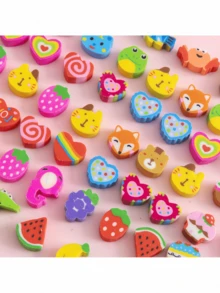 50 Pieces Of Cartoon Fruit, Animal & Love-Shaped Mini Erasers In Pearlescent Film Packaging