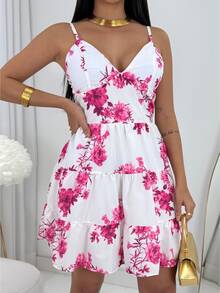 Women's Short Dress With Adjustable Straps, Plain Floral Print, Delicate - Pink Print - View 2