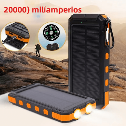 Cargador solar de 20000 mAh: Panel solar portátil + dos puertos USB de 5 V, 2 linternas LED de alta luminosidad, compatible con todos los teléfonos móviles del mercado, brújula precisa incorporada para acampar y hacer senderismo, un dispositivo de alimentación de emergencia esencial para viajes al aire  compatible con todos los dispositivos de carga.