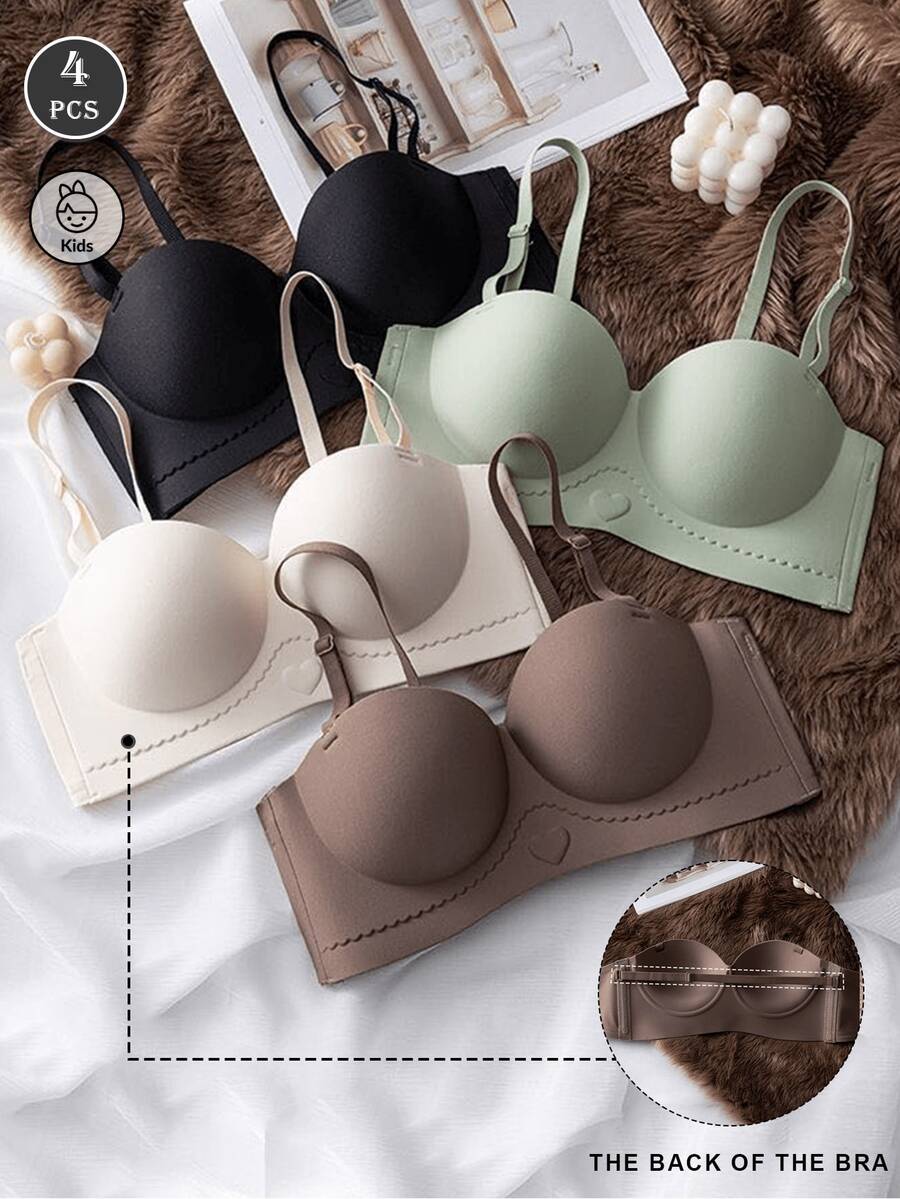 4pcs/Set Girls' Gathering Bra Set, Seamless Comfortable Thick Bra, Cute Heart Design, Wireless Daily Underwear, Suitable For Young Ladies - Multicolor - View 1