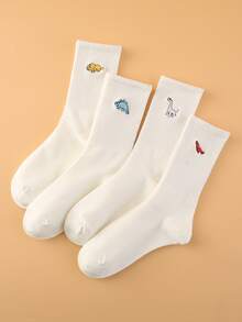 4双男士基础款刺绣恐龙图案袜子，四季款，欧美尺码，尺码充足，舒适透气，耐磨不闷热，适合日常穿着，男女适用，采用优质面料制成，秋季