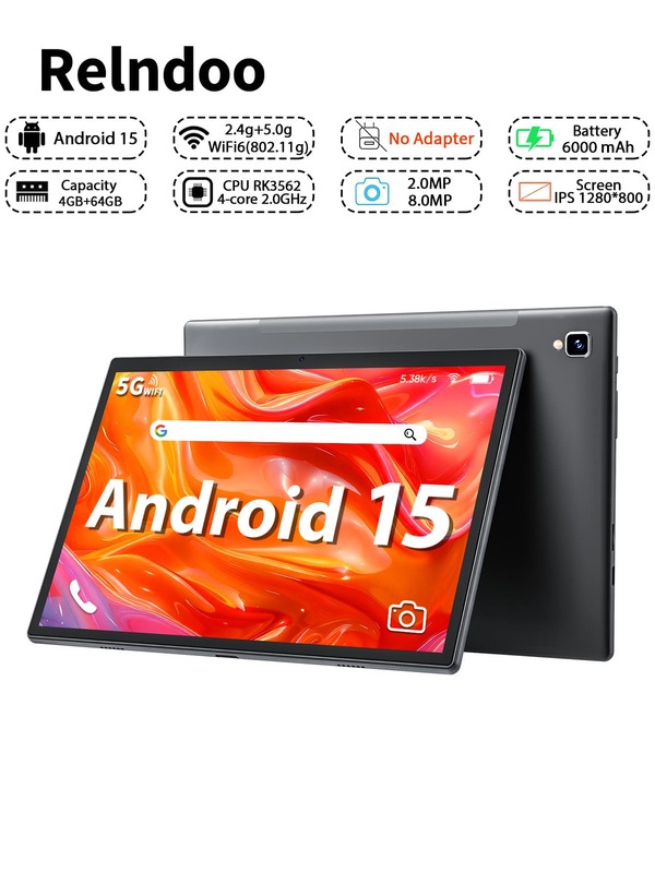 Relndoo 2025 Tablet Android 15, 10.1 Inch Tablet PC, RK3562 Quad-Core 2.0 GHz, (4GB+8GB) RAM+64GB ROM, 2MP+8MP Dual Camera, 1280*800px HD Touchscreen, 6000mAh Battery, Type C, Supports 1TB SD Expansion, 802.11n Wifi 2.4G/5G Wireless, GPS, Certified Tablets (No Adapter)