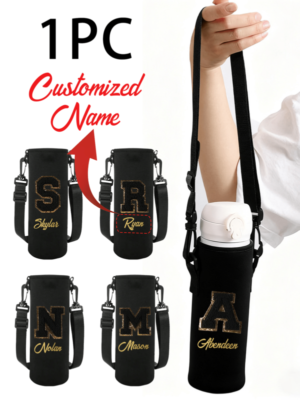 1 pieza Funda de neopreno personalizada para botella de agua con correa ajustable y portavasos, se adapta a botellas de acero inoxidable, vidrio y plástico - Regalo para vuelta al colegio, graduación, profesor, Funda para pasaporte, viajes, luna de miel, estudios en el extranjero, viajes de negocios, ligera e impermeable, esencial para vacaciones, unisex estudiante