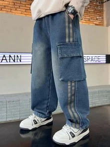 Teen Boy Denim Jeans, Spring & Autumn, New Design Children Teenagers Multipocket Cargo Pants, Boys' Print Straight Leg Loose Fit Trousers