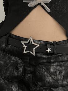 1pc Black PU Material New Personalized Star Buckle Waist Belt, Versatile - Black - View 1