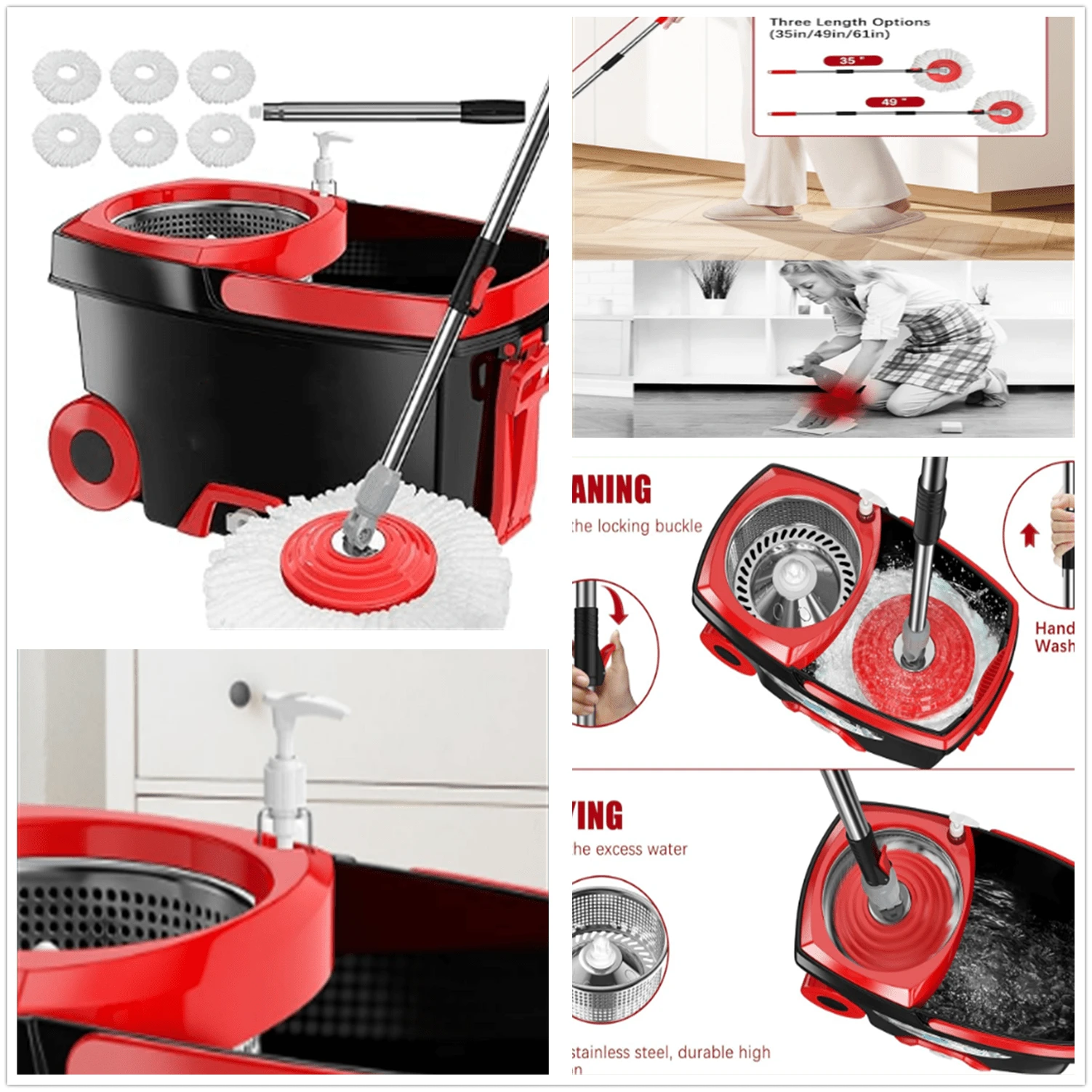360° Spin Mop And Bucket Set With , 6 Extra Microfiber Heads, 61" Extended Handle For Effortless Floor Cleaning, 2X Wheel Design - Black - màu đen - Xem 1