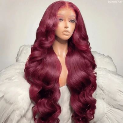 勃艮第99J水波纹13x4高清透明蕾丝前额人发混纺假发，巴西预拔毛带婴儿发，女士适用，红酒色99J，200%密度水波纹假发