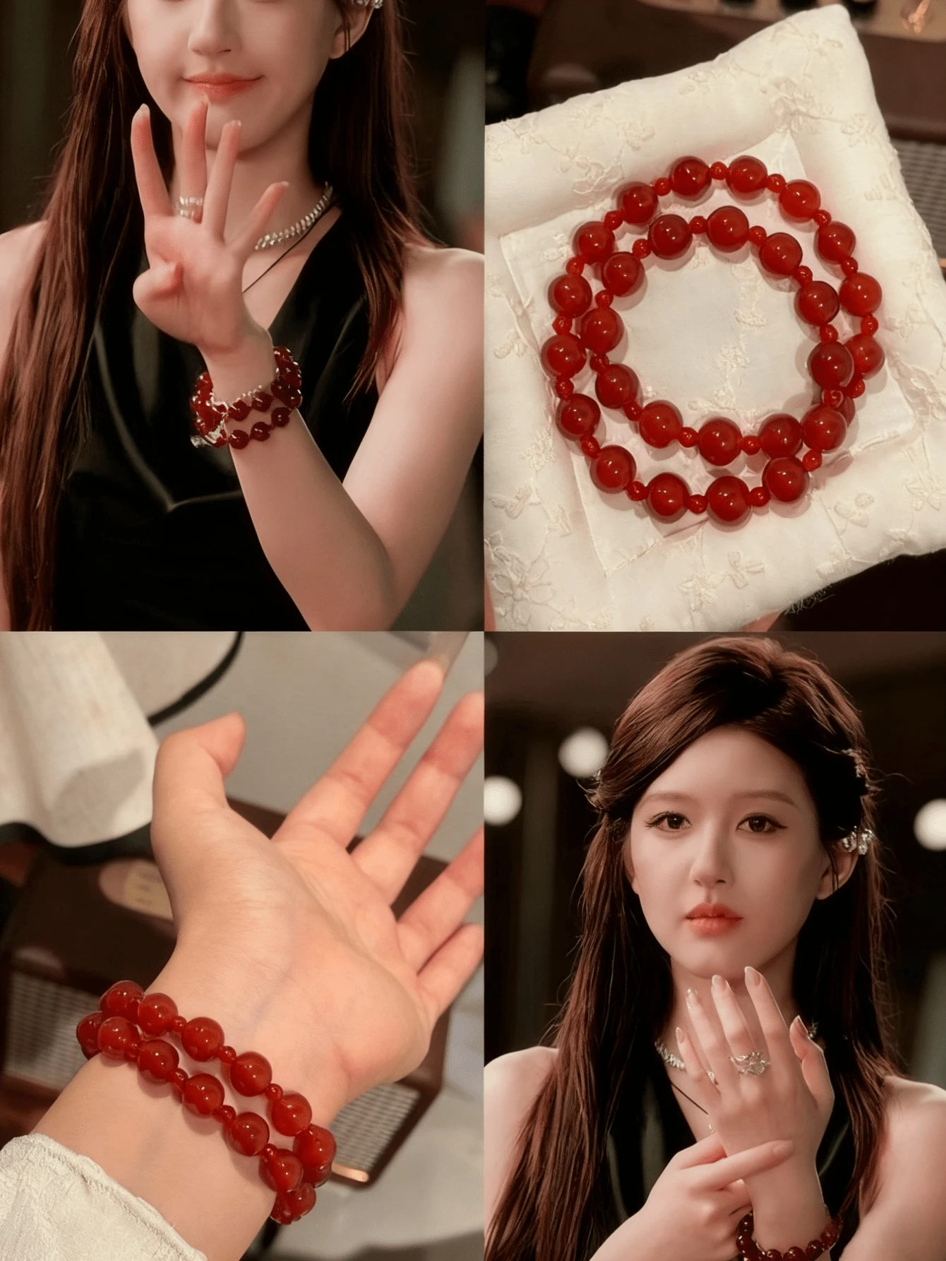 1pc 4+10mm Rosy Zhao Lusi Zhao Style Natural Red Agate Single/Multi-Strand Beaded Bracelet, Natural Healing Stone Jewelry, Fashion Celebrity Same Style Women Handmade Gift - Red - View 1