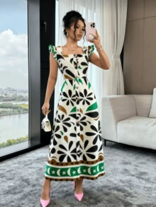 Elegant Boho Style Printed Maxi Dress For Summer Vacation, Short Sleeves, Pleated Waist, For Women, Sizes S M L - màu xanh lá - Xem 1
