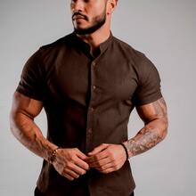 Men's Linen Mandarin Collar Shirt - Rust Brown - View 1