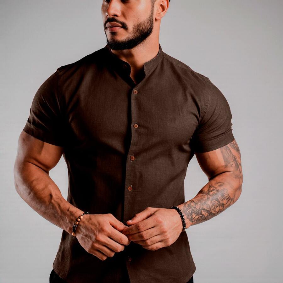 Men's Linen Mandarin Collar Shirt - Rust Brown - View 1