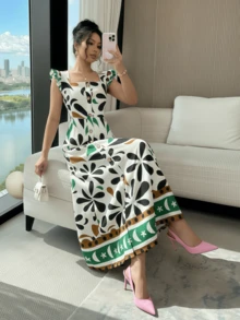 Elegant Boho Style Printed Maxi Dress For Summer Vacation, Short Sleeves, Pleated Waist, For Women, Sizes S M L - màu xanh lá - Xem 3