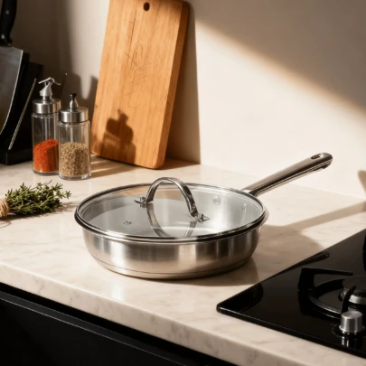Sartén de acero inoxidable de 24 cm con mango y tapa de cristal- Perfecta para freír bistec, huevos y más, utensilios de cocina | Sartén elegante | Utensilios de cocina duraderos