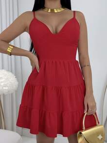 Women's Short Dress With Adjustable Straps, Plain Floral Print, Delicate - Red - View 3
