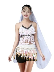 3pcs Belly Dance Costume Set For Women - (Sequin Crop Top, Chiffon Skirt + Veil) Or 2pcs (Crop Top + Skirt) Options - Multicolor - View 33