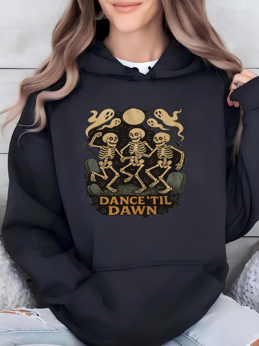 Womens Dance Til Dawn Skeleton Shirt | Retro Halloween Party Tee | Adult Youth Sizes Hoodie - màu đen - Xem 1