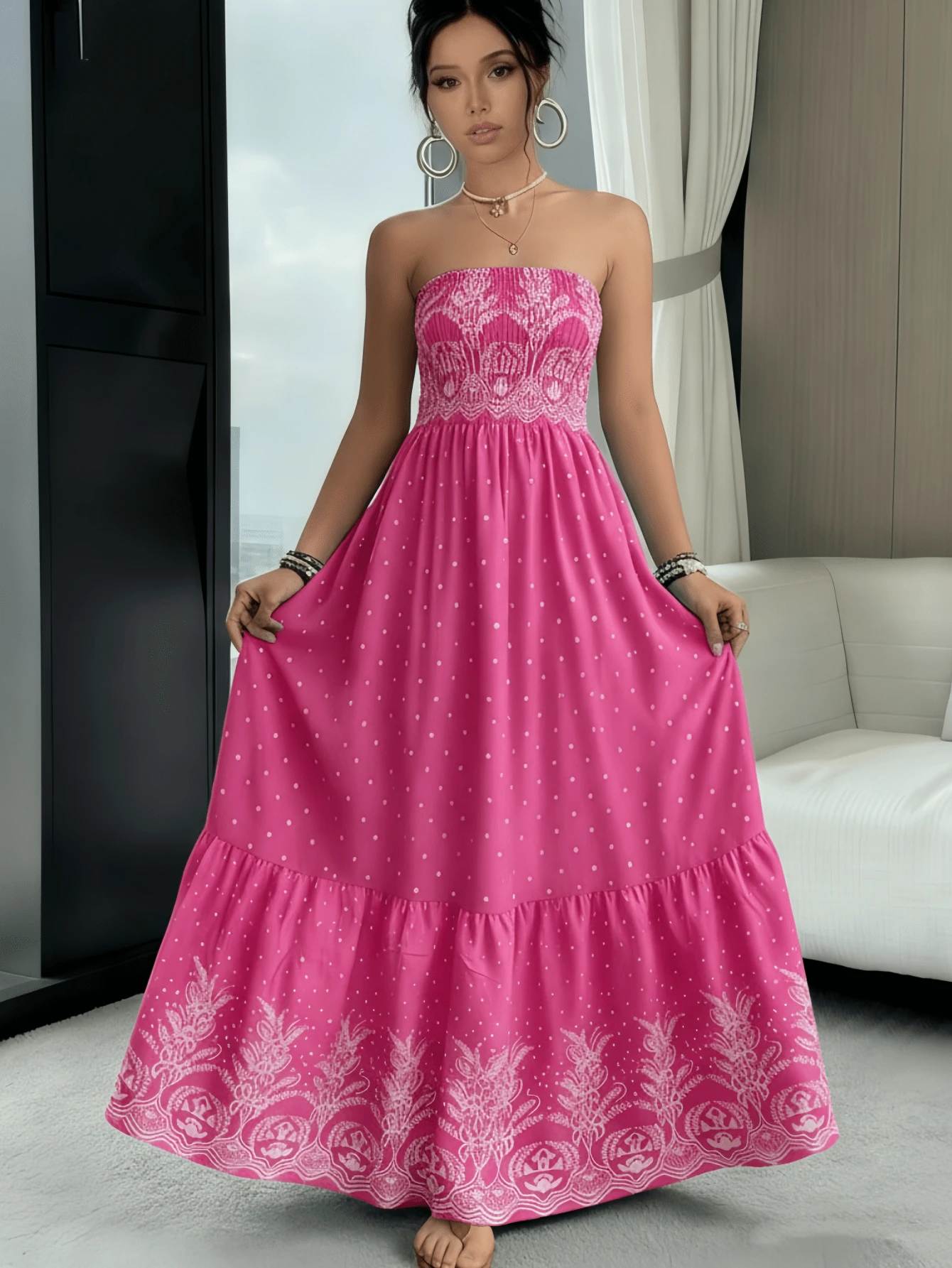 Women's Strapless Dress, Casual Holiday Dress Sizes S M L - 泡泡糖粉 - 查看 1