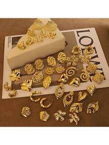 24pcs/Set 18K Gold Plated Stainless Steel Fashion Floral, Heart & Asymmetric Design Stud Earrings Set For Women, Elegant For Daily Wear, Ideal Gift For Girlfriend, Wife Or Valentine's Day, Hotoo Jewelry Store, Accessories, Feb 14 - Multiple Elements - View 11