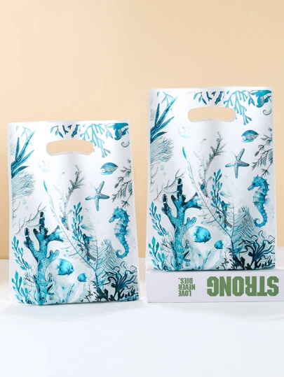 10/25/50pcs Ocean Themed Gift Bags, Decorated With Coral, Aquatic Plants, Starfish And Seahorse Patterns, Size 25*18cm, Suitable For Ocean Themed Party Gifts Packaging, Plastic Tote Bags, Can Be Used For Wedding Decoration, Bridal Shower, Baby Shower, Holiday Party Decor, Gifts, Favors, Small Gift Bags, Ramadan Decoration, Eid Gifts, Gift Packaging Supplies