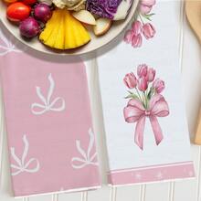 2 件粉色蝴蝶结和郁金香图案厨房毛巾，柔软涤纶材质洗碗布，适用于厨房装饰、清洁、节日派对装饰、厨房和浴室必需品、家居装饰、乔迁礼物