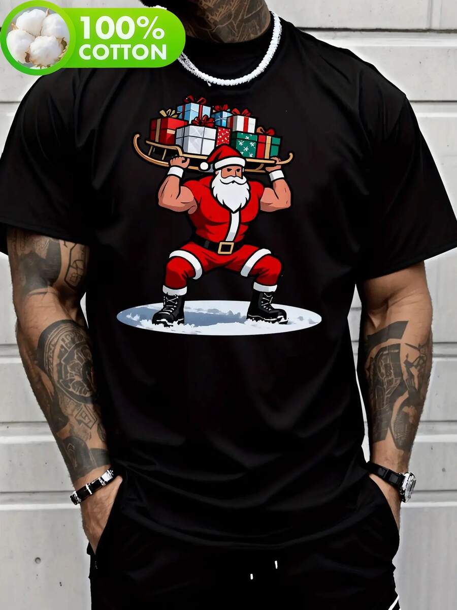 Camiseta gráfica de Papá Noel musculoso levantando trineo para hombres - Ropa casual y de gimnasio de peso pesado, camiseta navideña transpirable de manga corta y cuello redondo con Papá Noel y cajas de regalo, regalo navideño para adultos y adolescentes, camisetas navideñas, ropa de temporada - Negro - Ver 1