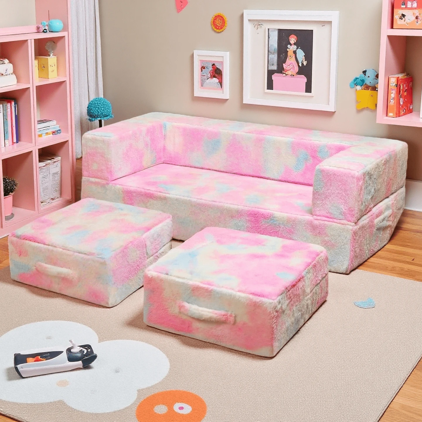 Extra Wider Seating Couch, 3-In-1 Convertible Play Couch, Convertible Folding Sofa, Modular Play Couch High-Density Foam For Playroom - Màu tím hoa cà - Xem 1