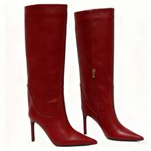 女士尖头细跟过膝长靴，时尚修身过膝骑马靴 - 酒紅色 - 查看 9