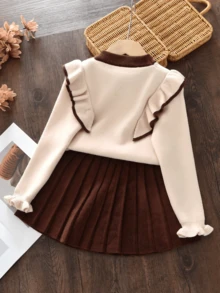 女童可爱荷叶边蝴蝶结领长袖上衣和百褶裙两件套，秋冬款 - 咖啡棕 - 查看 2