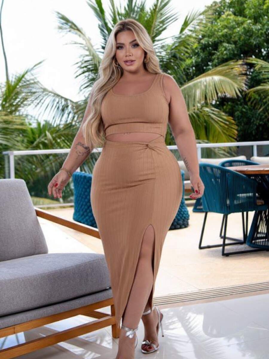 Premium Ribbed Knot Dress With Slit. - Lạc đà - Xem 1