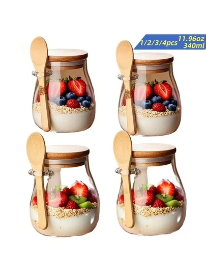 1/2/3/4pcs Set, Airtight Storage Jars With Spoons, High Borosilicate Glass Simple Kitchen Canisters For Grains, Spices, Tea Leaves, Glass Cups, Overnight Oats Cups, Salad Bowls, Salad Cups, Oatmeal Containers With Lids & Spoons, Glass Jars Suitable For Sesame Seeds, Pudding, Yogurt
