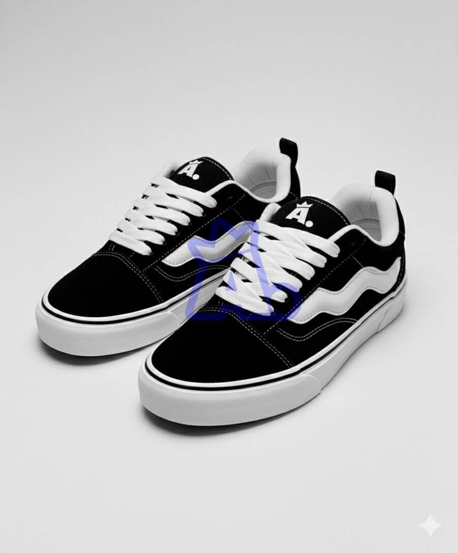 Men's And Women's Casual Sneakers, Black And White, KNU Skool Traditional, Flat Sole, Thick Laces, Comfortable, Lightweight, Soft, Durable And Non-Slip. - Đen và trắng - Xem 1
