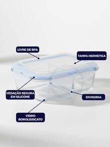 Kit 10 ou 5 Potes Vidro Herméticos 640ml Retangular Com Divisória Premium - Transparente - Visão 4