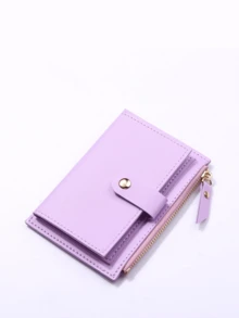 Simple Solid Color Snap Button Zipper Card Holder - Purple - View 4