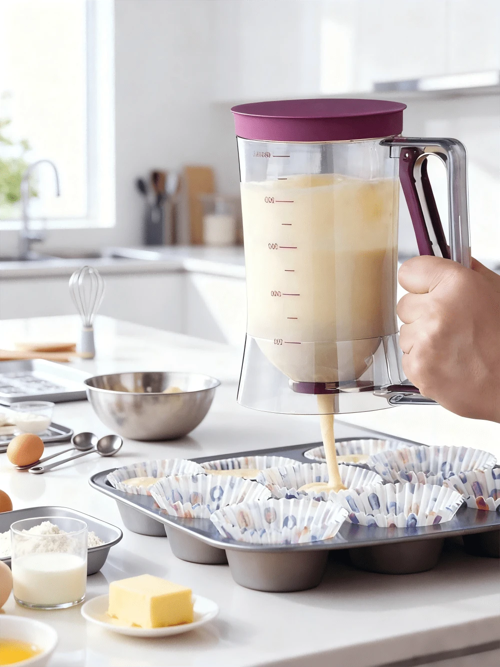 Pancake Batter Dispenser - Kitchen Must Have Tool For Perfect Pancakes, Cupcake, Waffle, Muffin Mix, Cake & Crepe , Gift - Pancake Griddle Maker With Measuring Label (Purple) - Màu tím - Xem 1