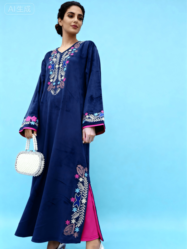 Elegant Embroidered Arabic Style Maxi Dress, V-Neck Long Sleeve, Floral Embroidery Design, Luxury Kaftan Robe, Autumn/Winter 2025