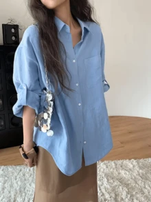 Women Blue Woven Fabric Long Sleeve Shirt With Collar Button Details And Regular Hem For Everyday Wear - Blue - View 2