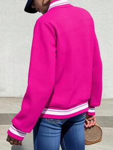 Chaqueta de manga larga con bloqueo de color en el cuello, los puños y el bajo para mujer - Rosa Fucsia - Ver 2