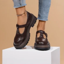 Women's Mary Jane Platform Shoes, Brown, Preppy Style, Suitable For Office Formal Wear, Serrated Edges, Embossed Design, Everyday Wear, And All Seasons. - 棕色 - 查看 2