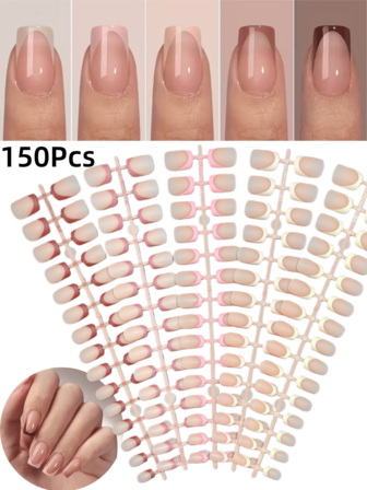 150Pcs Short Square French Tip Press On Nails,Brown,Pink,Blue,Grenn,Purple French Fake Nails,5 Colors French Press On Nails Short Square,For Women Nail DIY Extension 15 Size,Simple And Versatile Styles That Can Be Reused