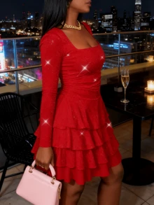 Women's Spring Bodycon Mini Dress Square Neck Ruched Waist Tiered Ruffle Long Sleeve Corset Short Party Dresses For Valentine's Concert Beach, Graduation Festival Club & Easter Outfits - 紅色 - 查看 5