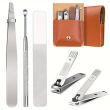 5 Sets Of Nail Art Sets, Nail Clippers, Pedicures, Stainless Steel Professional Pedicures, Beauty Sets, Nail Care Tools, With Leather Storage Bags For Nail Care (Brown) - Silver - View 7