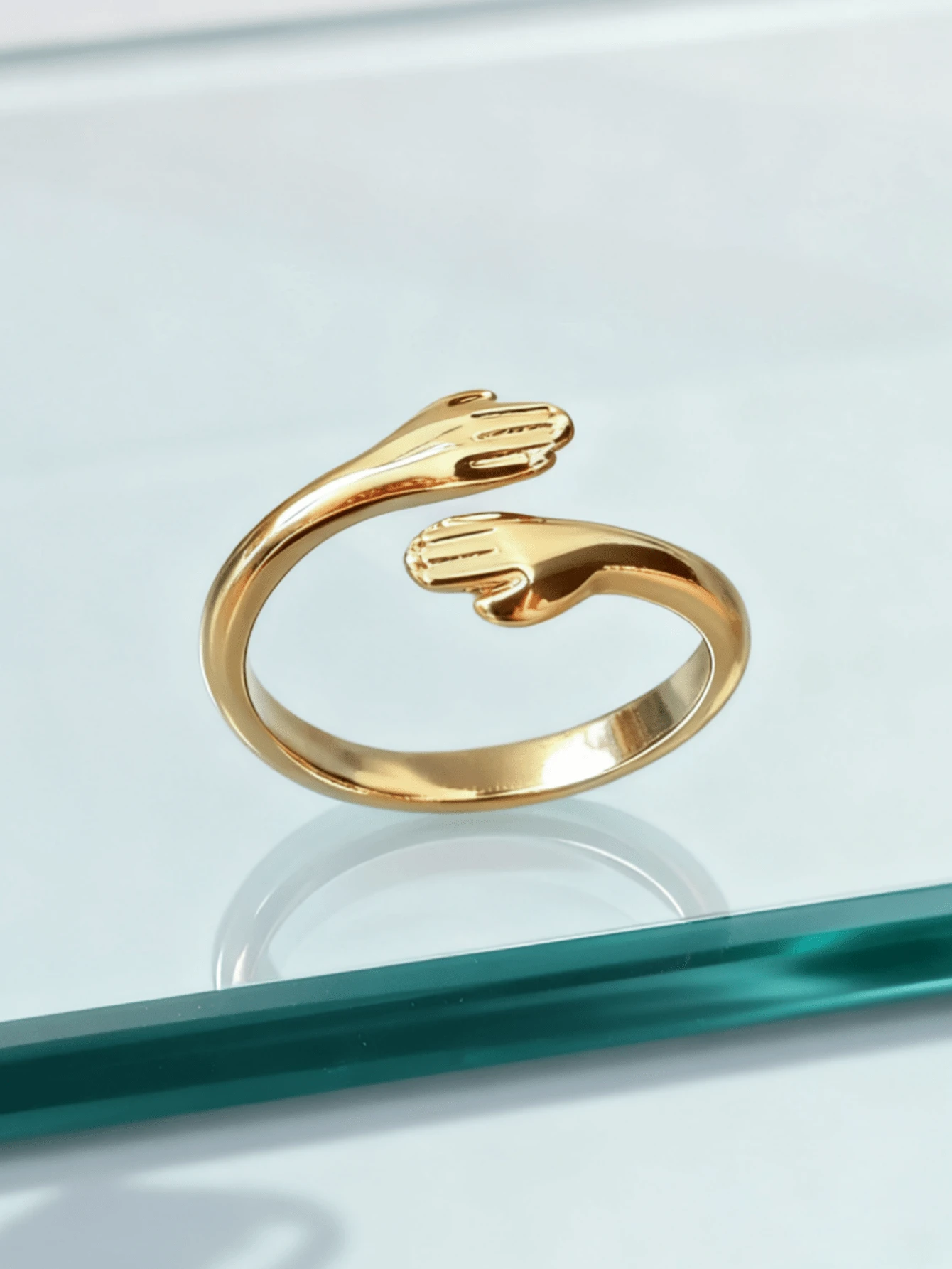 1pc Adjustable Love You Hug Hand Design Open Ring Valentines - Gold - View 1