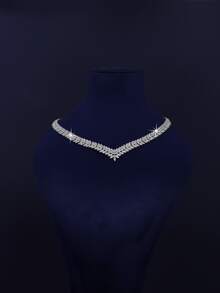 5pcs Luxury Royal Style V-Shaped Bridal Wedding Jewelry Set, Handset White Cubic Zirconia, Including Necklace, Bracelet, Earrings, Ring, Suitable For Daily Wedding Wear, Wedding Anniversary Gift (Comes In Gold Gift Box) - V-shaped Bridal Suit - View 3